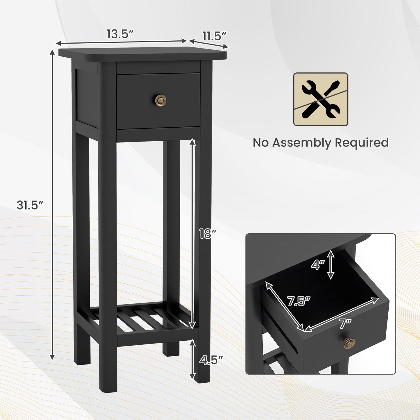 2-Tier Bedside Table with Drawer and Storage Shelf in Black Finish
