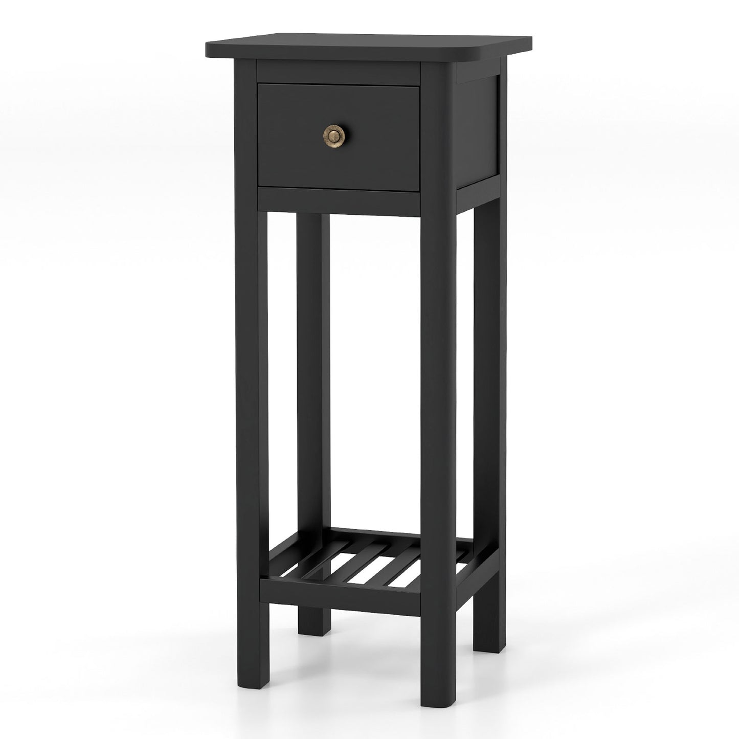 2-Tier Bedside Table with Drawer and Storage Shelf in Black Finish