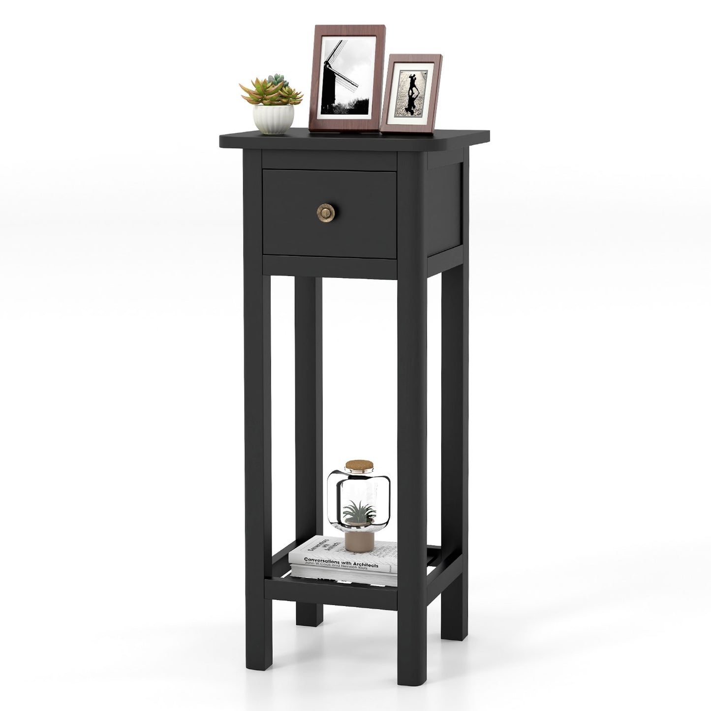2-Tier Bedside Table with Drawer and Storage Shelf in Black Finish