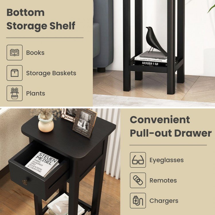 2-Tier Bedside Table with Drawer and Storage Shelf in Black Finish