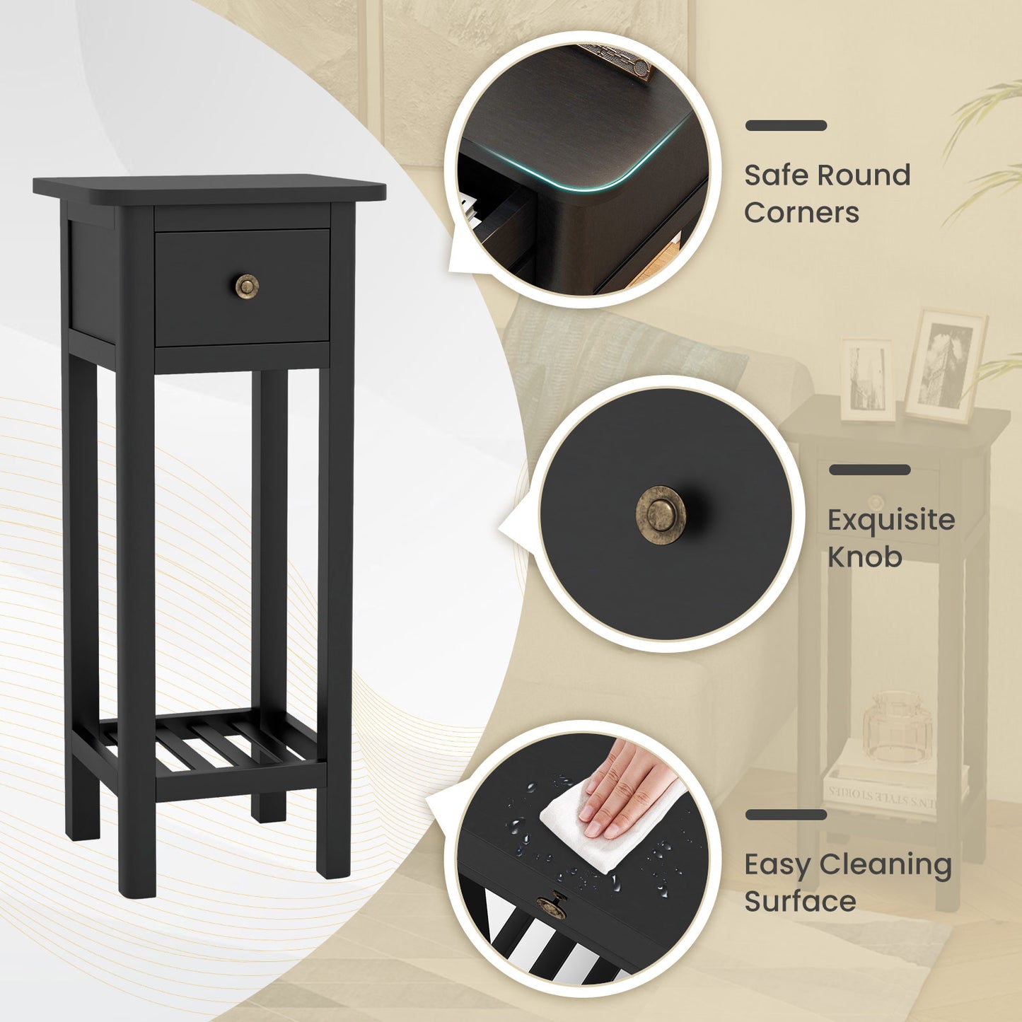 2-Tier Bedside Table with Drawer and Storage Shelf in Black Finish