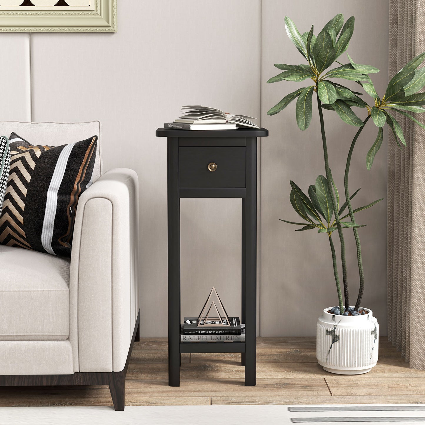 2-Tier Bedside Table with Drawer and Storage Shelf in Black Finish
