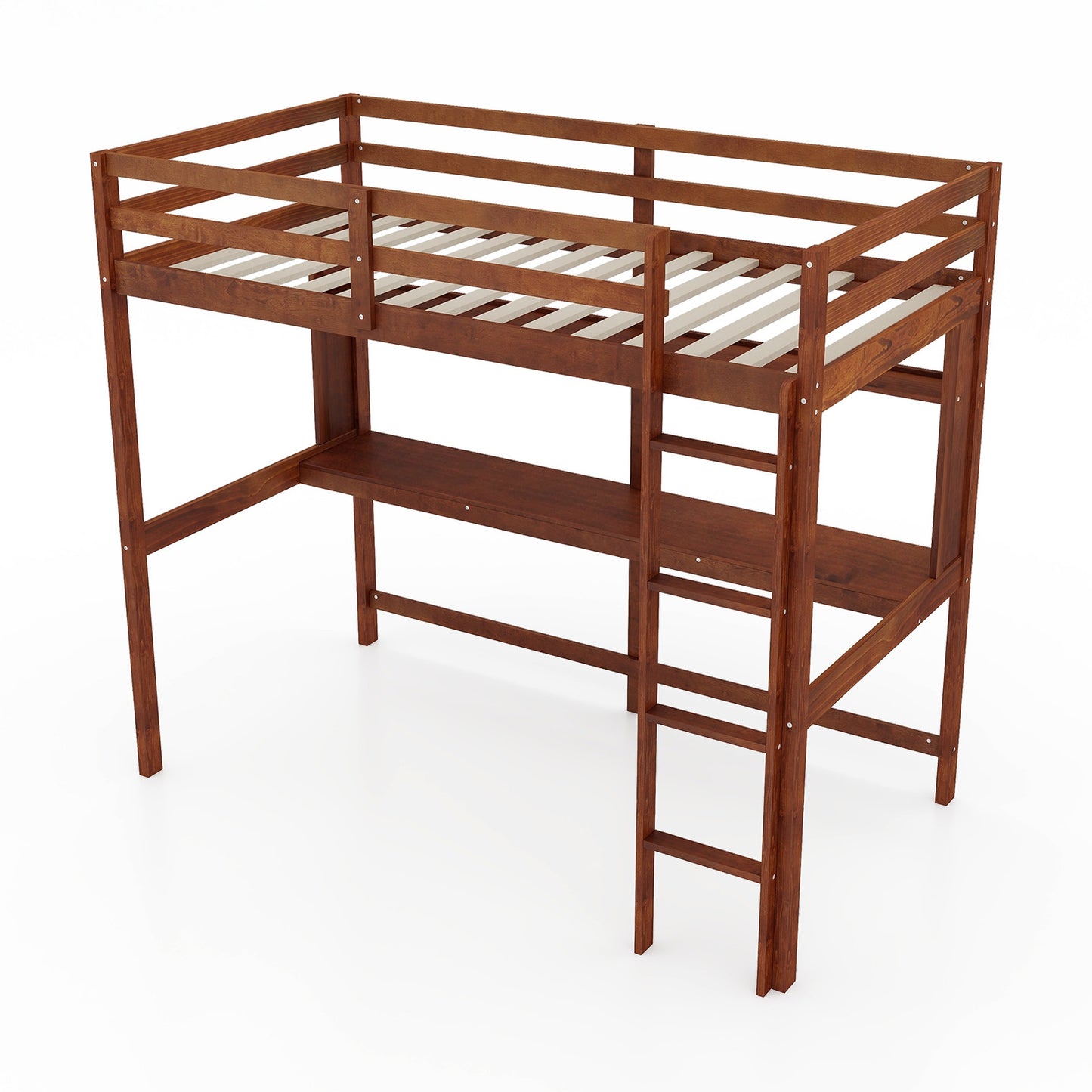 Space-Saving Twin Size Solid Wood Loft Bed with Slats and Safety Guardrails for Kids