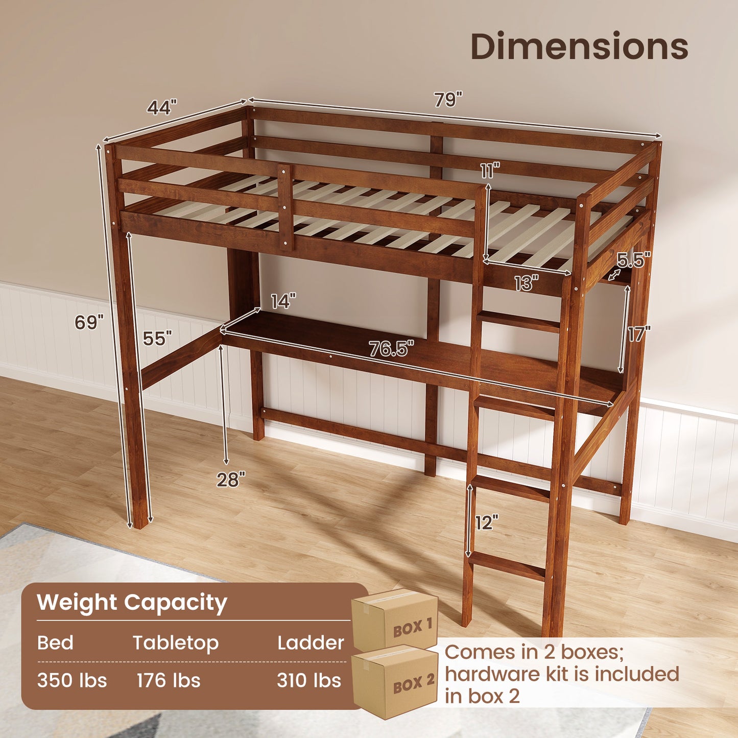 Space-Saving Twin Size Solid Wood Loft Bed with Slats and Safety Guardrails for Kids