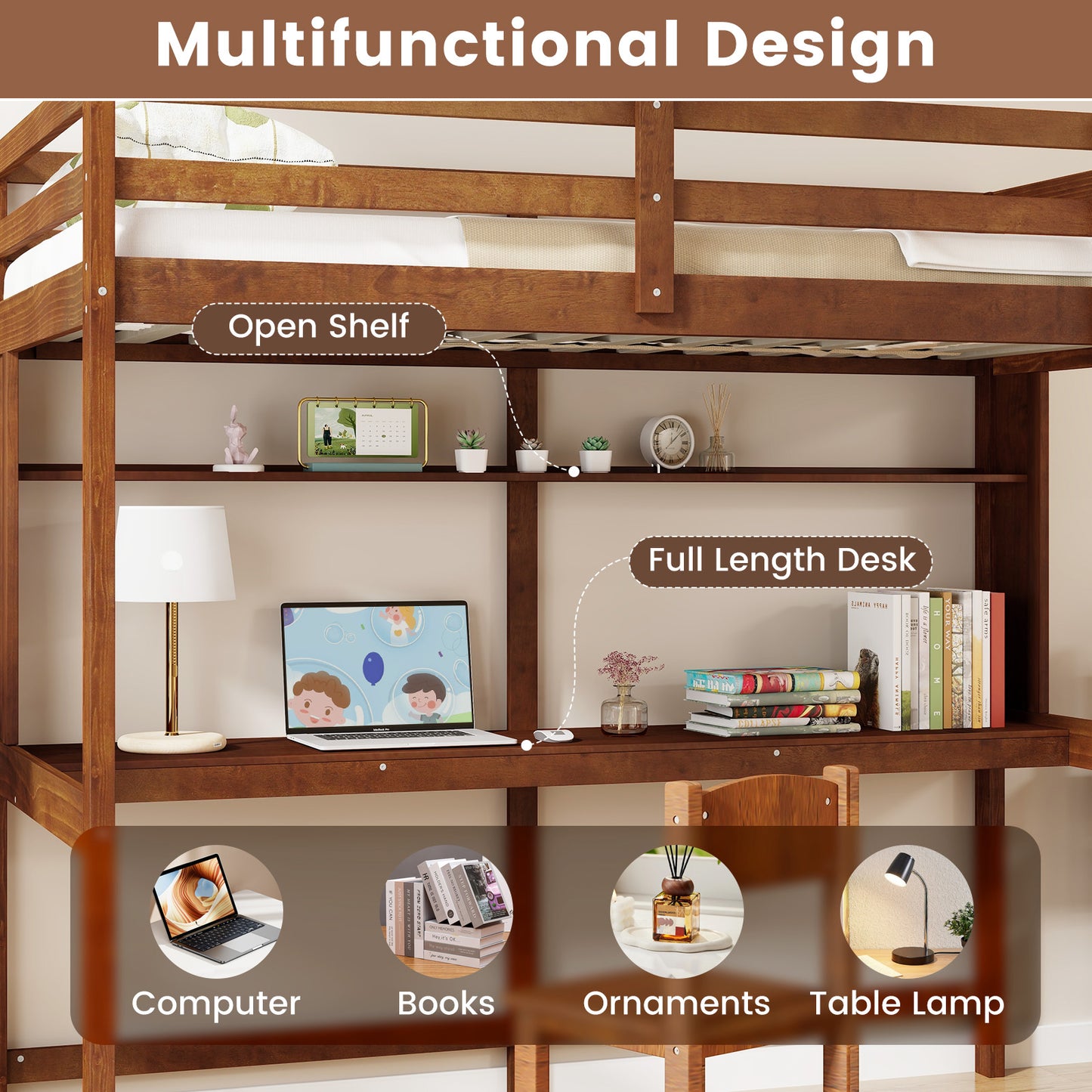 Space-Saving Twin Size Solid Wood Loft Bed with Slats and Safety Guardrails for Kids