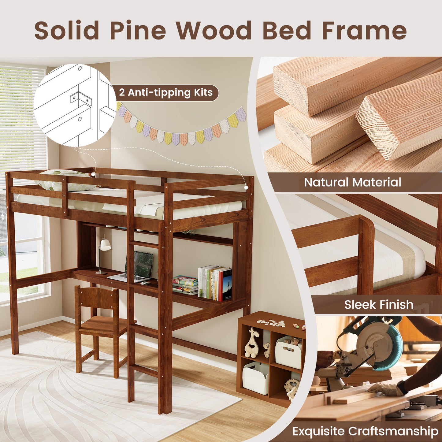Space-Saving Twin Size Solid Wood Loft Bed with Slats and Safety Guardrails for Kids