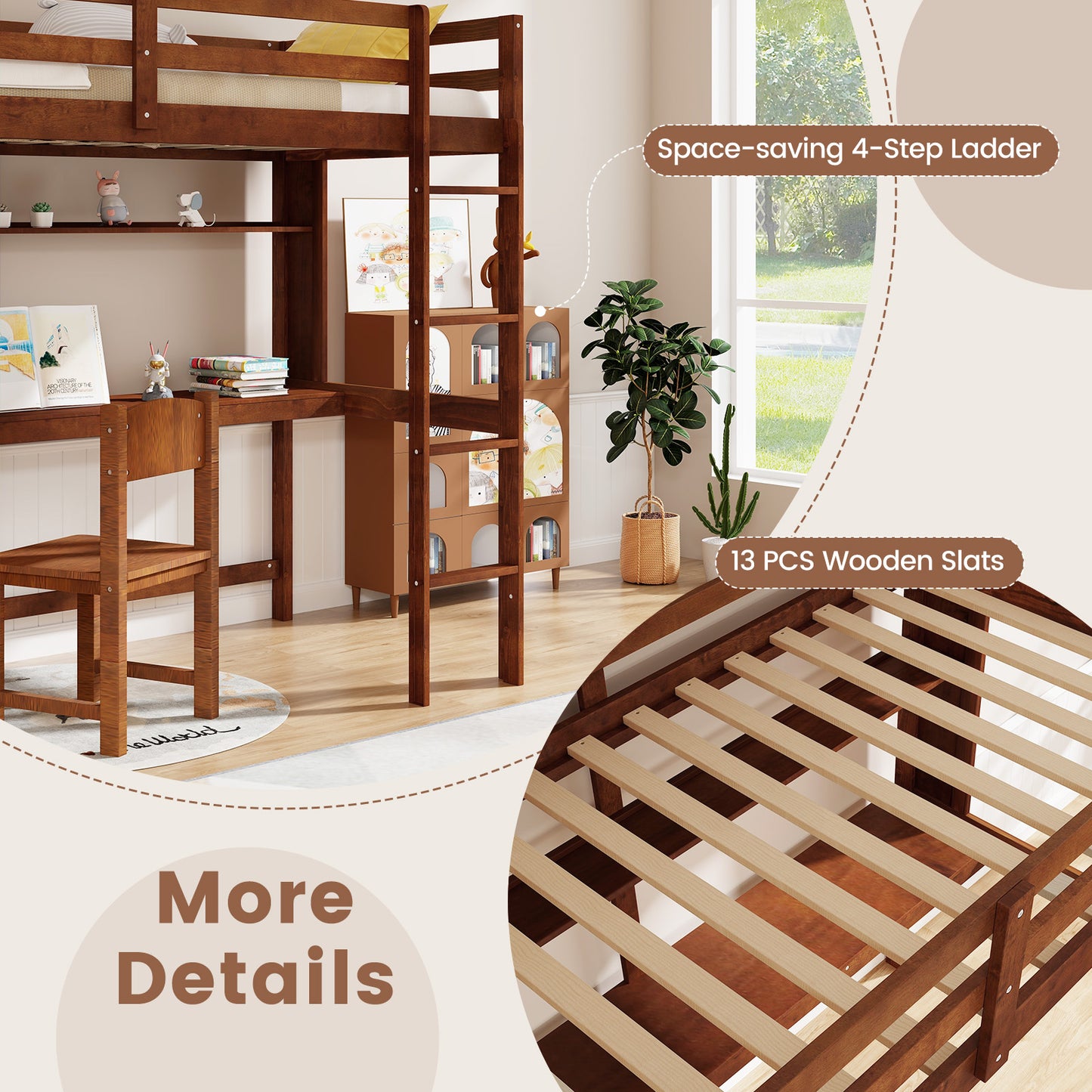 Space-Saving Twin Size Solid Wood Loft Bed with Slats and Safety Guardrails for Kids