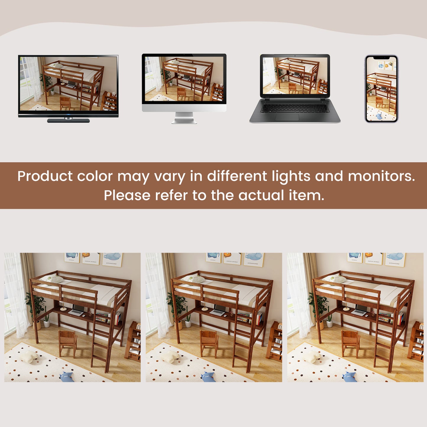 Space-Saving Twin Size Solid Wood Loft Bed with Slats and Safety Guardrails for Kids