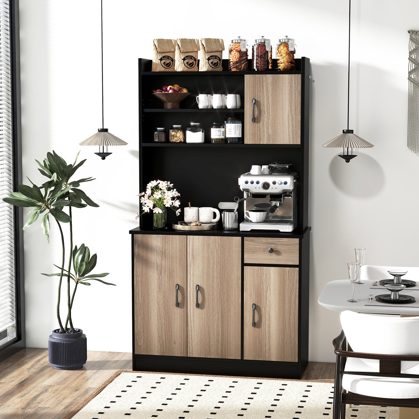 Freestanding Kitchen Pantry Cabinet with Hutch, 4 Doors and Adjustable Shelves - Black