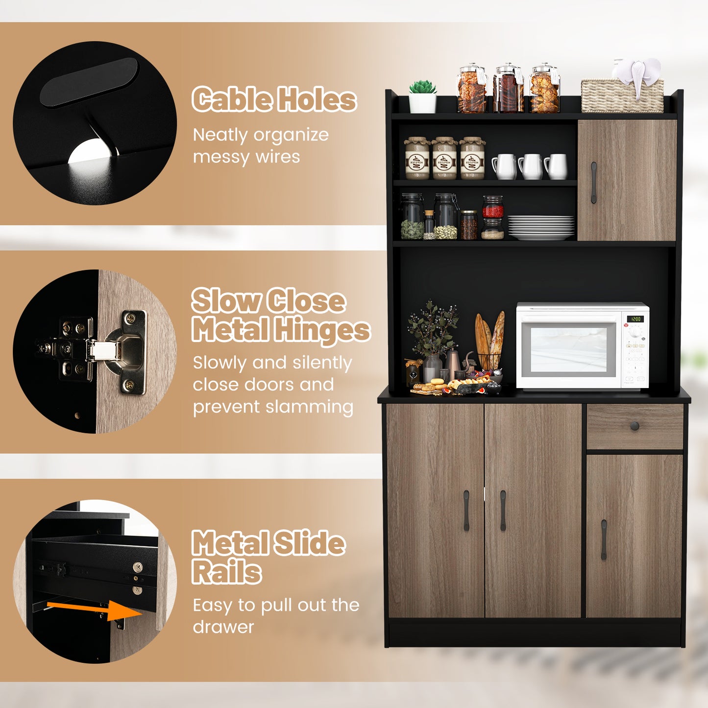 Freestanding Kitchen Pantry Cabinet with Hutch, 4 Doors and Adjustable Shelves - Black