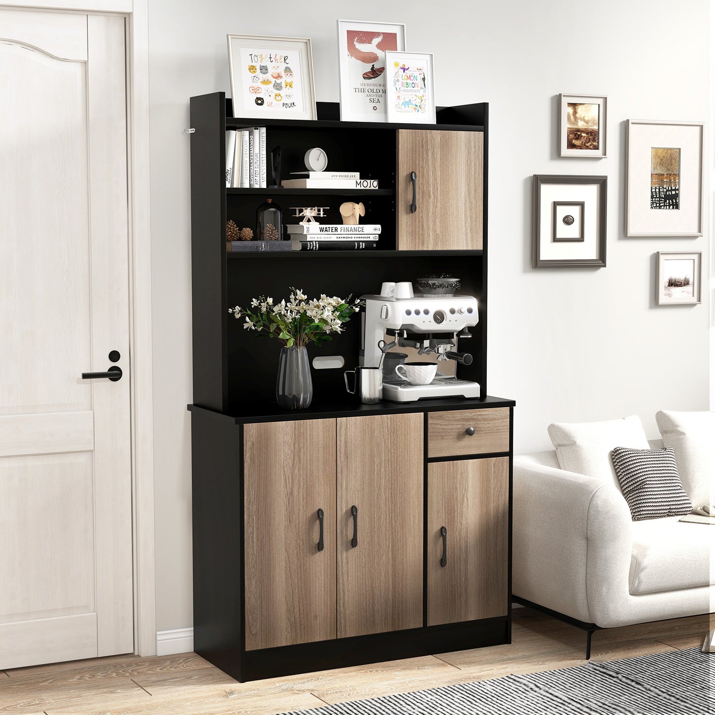 Freestanding Kitchen Pantry Cabinet with Hutch, 4 Doors and Adjustable Shelves - Black