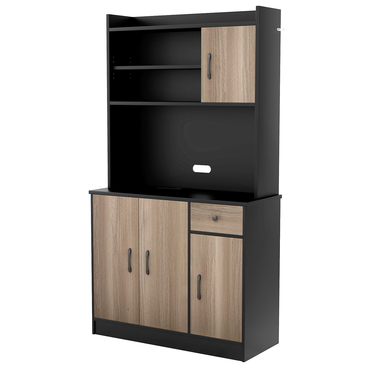 Freestanding Kitchen Pantry Cabinet with Hutch, 4 Doors and Adjustable Shelves - Black