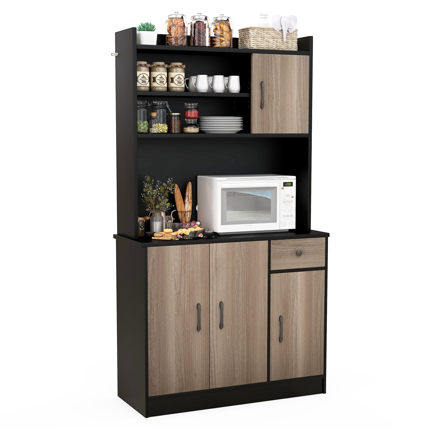 Freestanding Kitchen Pantry Cabinet with Hutch, 4 Doors and Adjustable Shelves - Black