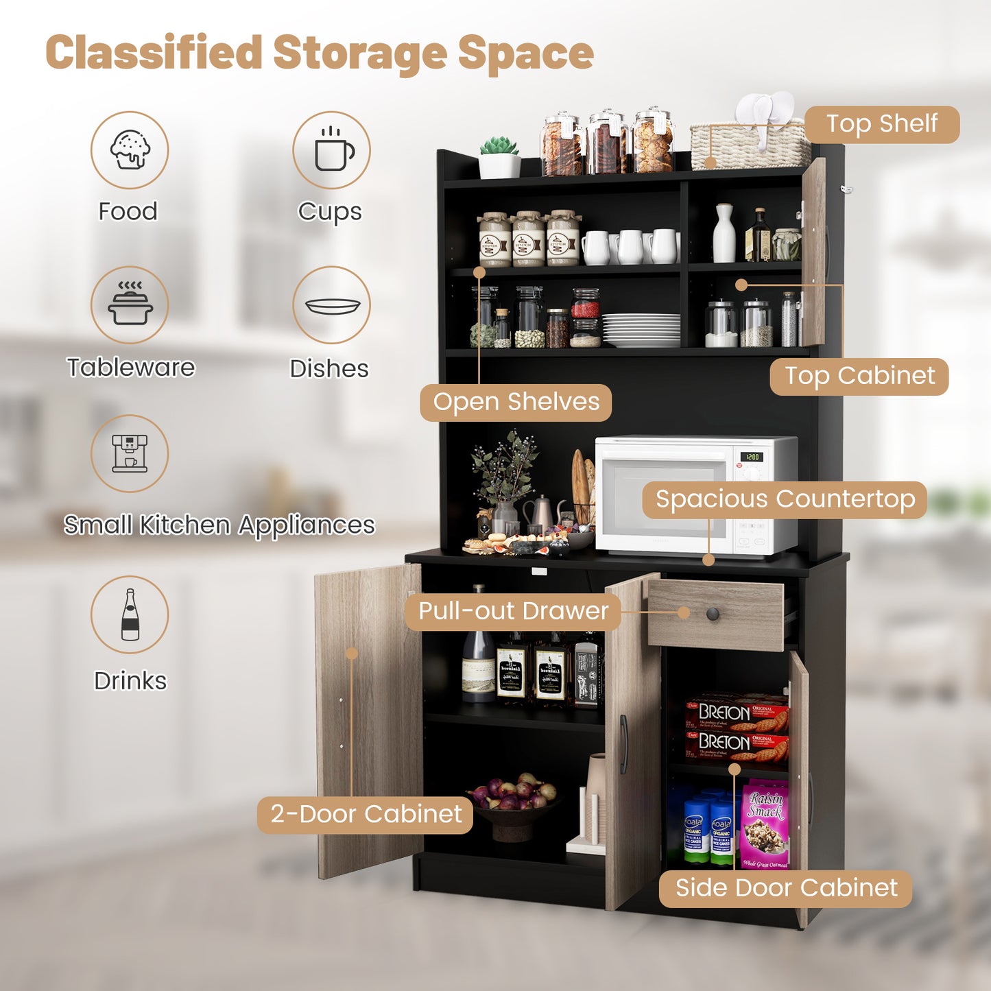 Freestanding Kitchen Pantry Cabinet with Hutch, 4 Doors and Adjustable Shelves - Black