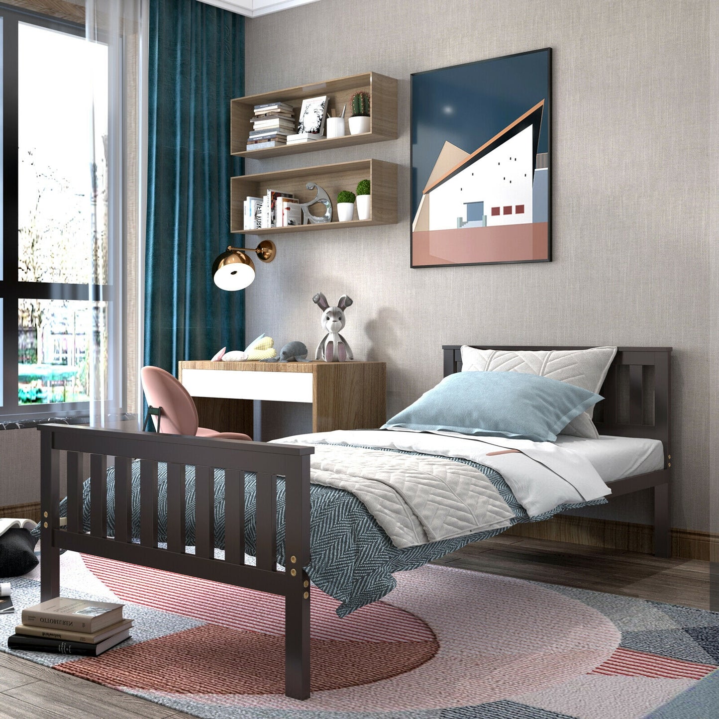 Wood Platform Bed with Headboard - Twin Size