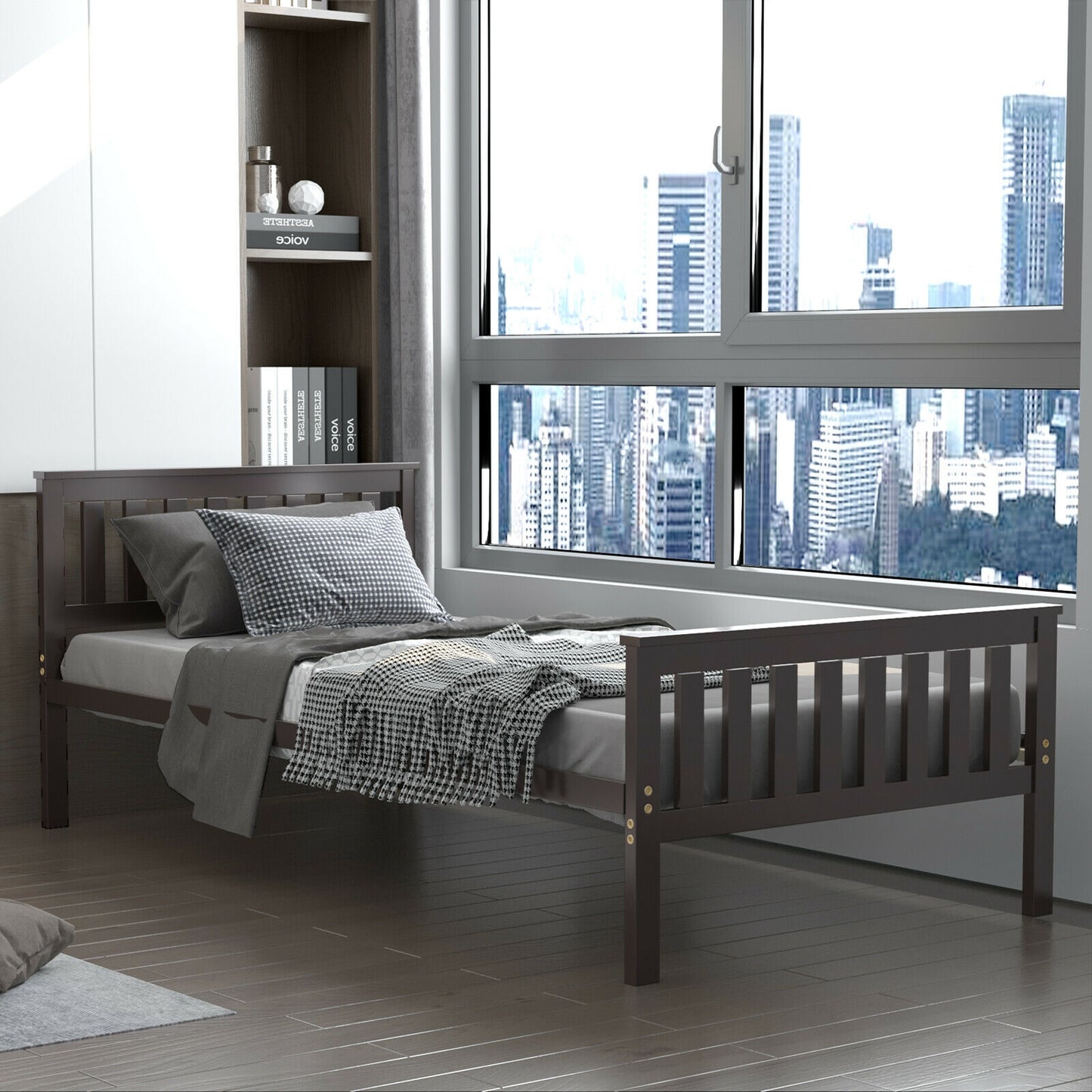 Wood Platform Bed with Headboard - Twin Size