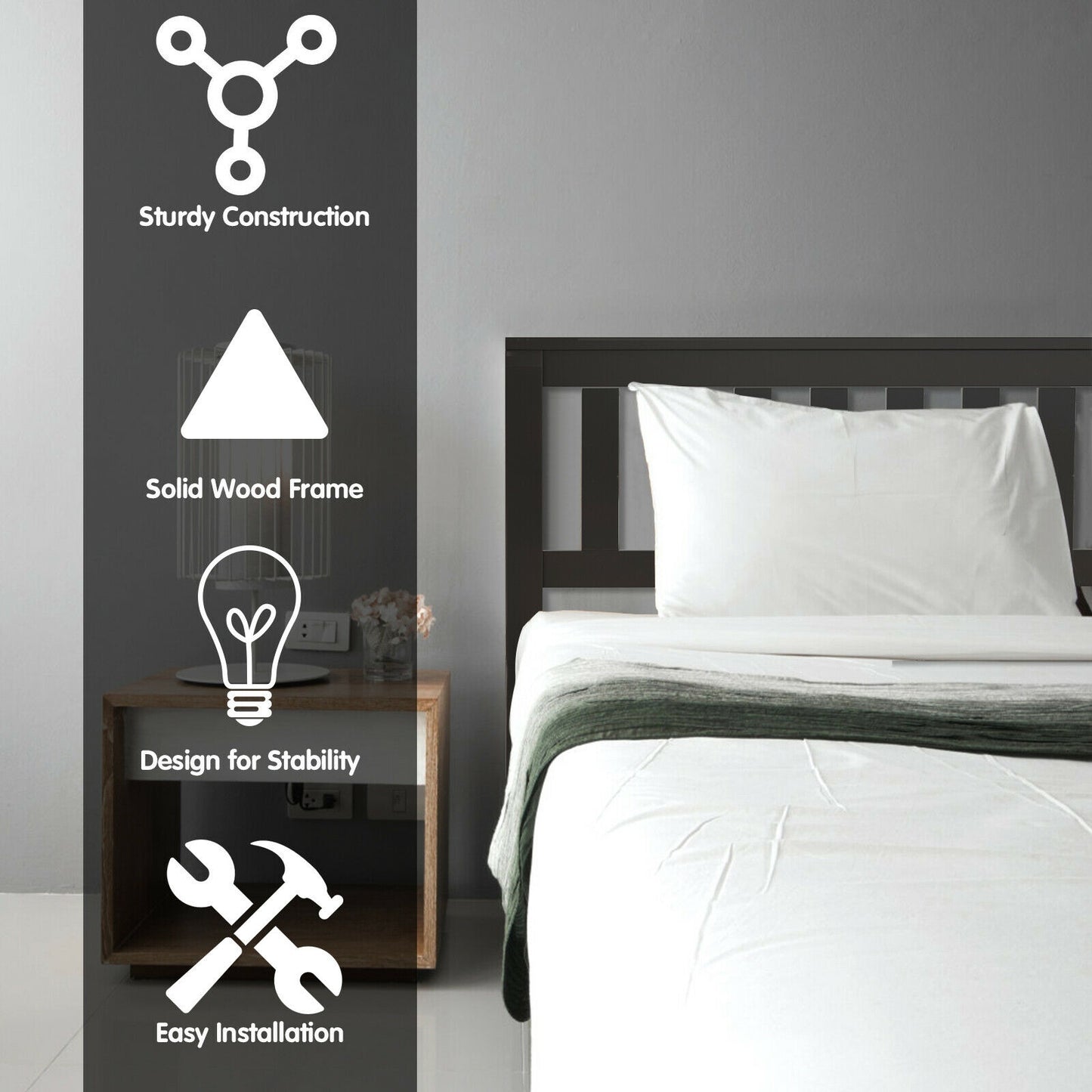 Wood Platform Bed with Headboard - Twin Size