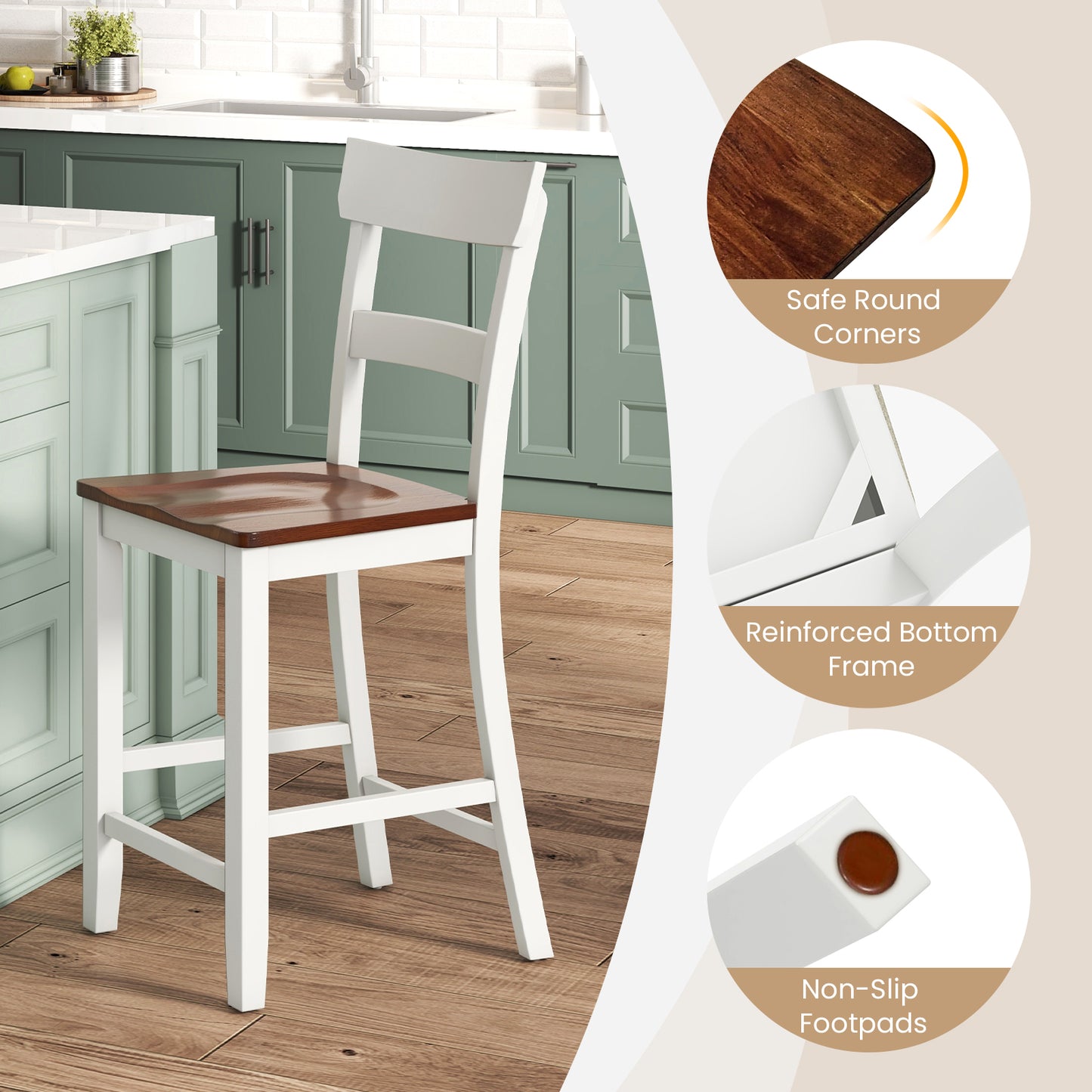 Farmhouse Dining Bar Stool Set of 2 with Solid Rubber Wood Frame - White