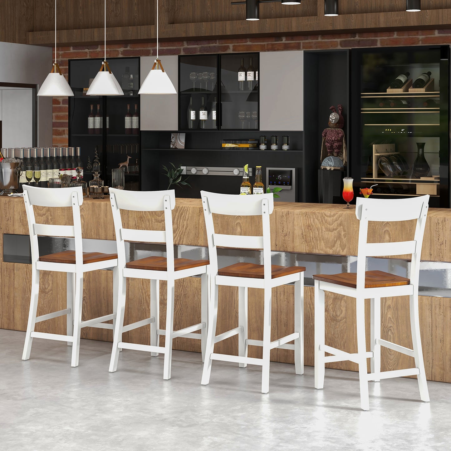 Farmhouse Dining Bar Stool Set of 2 with Solid Rubber Wood Frame - White