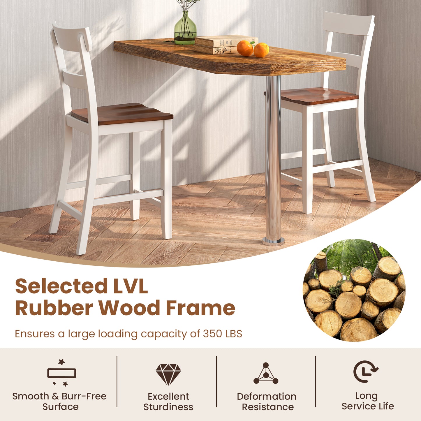 Farmhouse Dining Bar Stool Set of 2 with Solid Rubber Wood Frame - White
