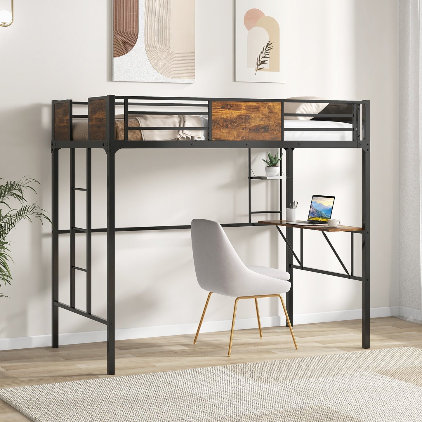 Space-Saving Twin Metal Loft Bed with Desk, Storage Shelf, and Built-In Ladder - Twin Size