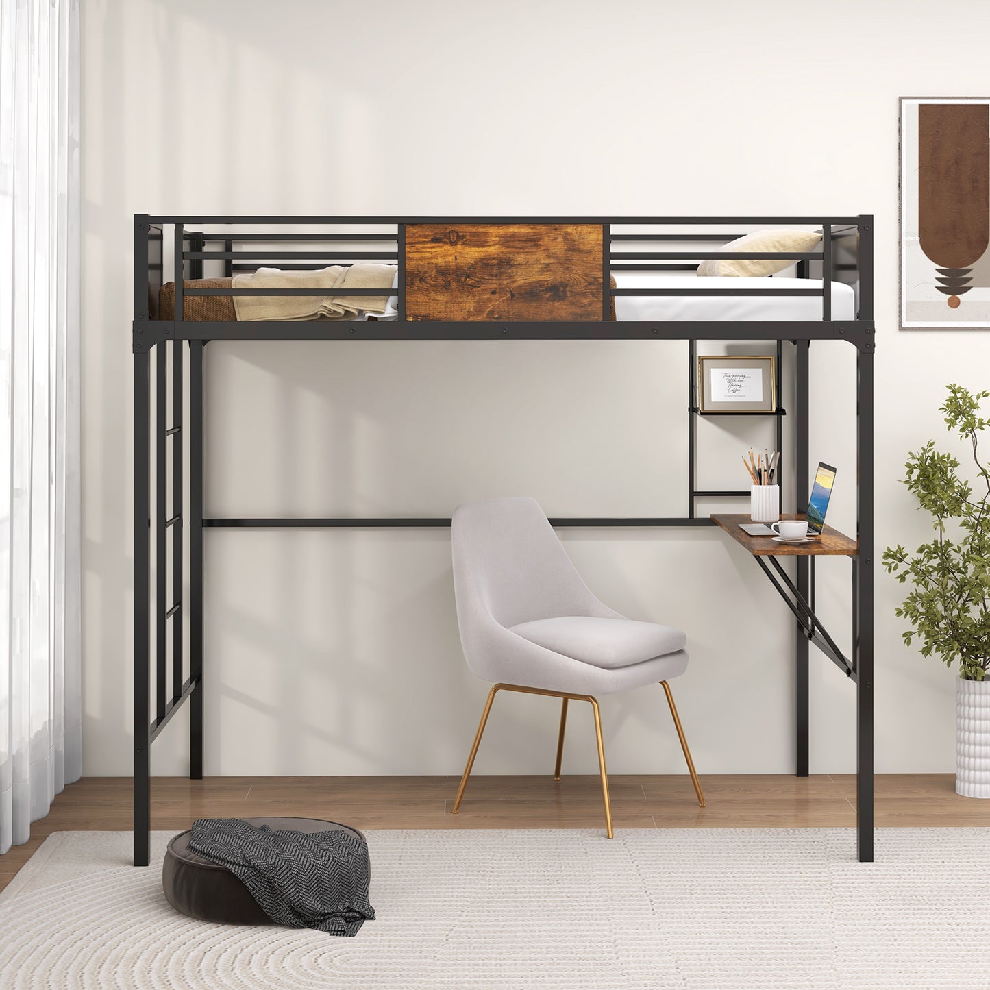 Space-Saving Twin Metal Loft Bed with Desk, Storage Shelf, and Built-In Ladder - Twin Size