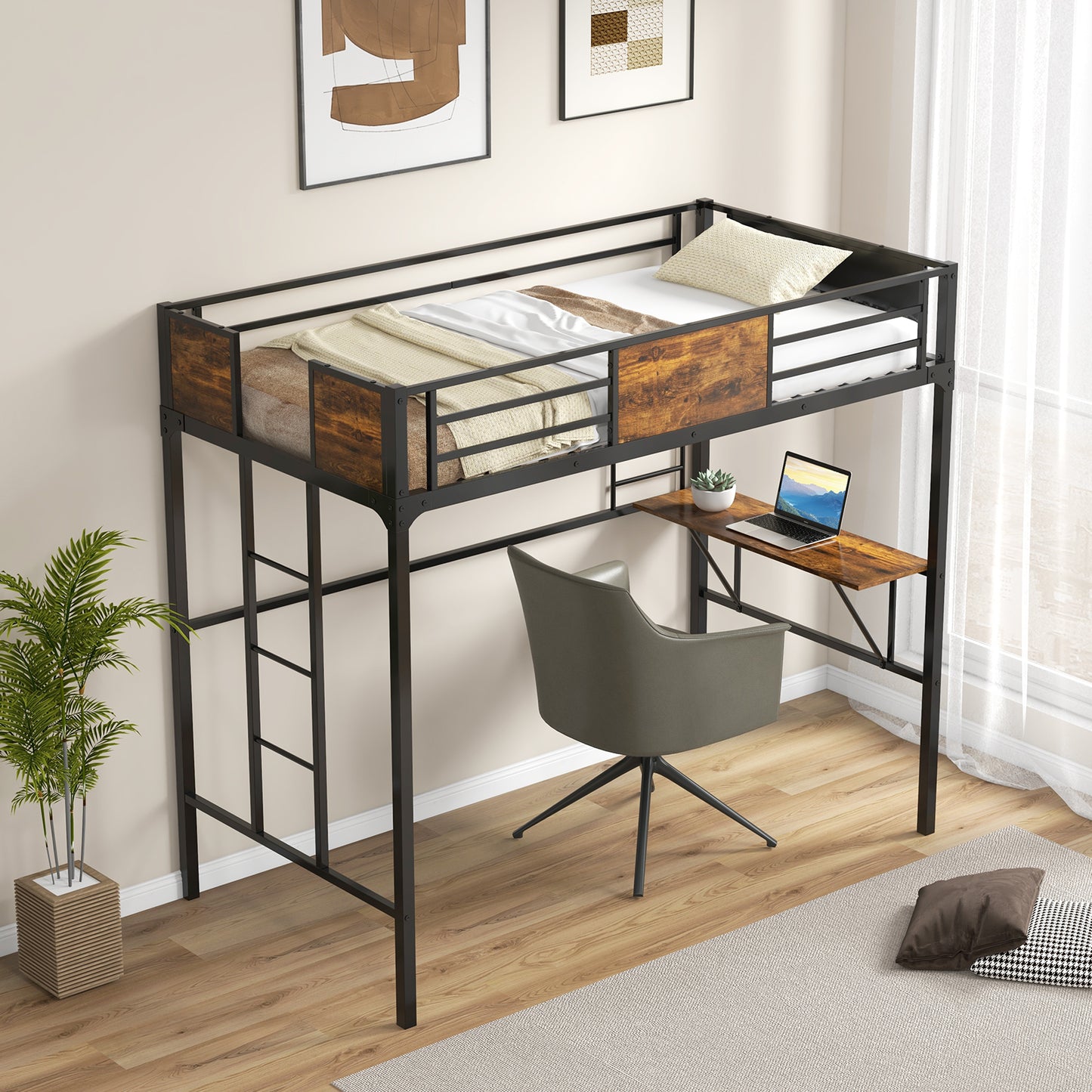 Space-Saving Twin Metal Loft Bed with Desk, Storage Shelf, and Built-In Ladder - Twin Size