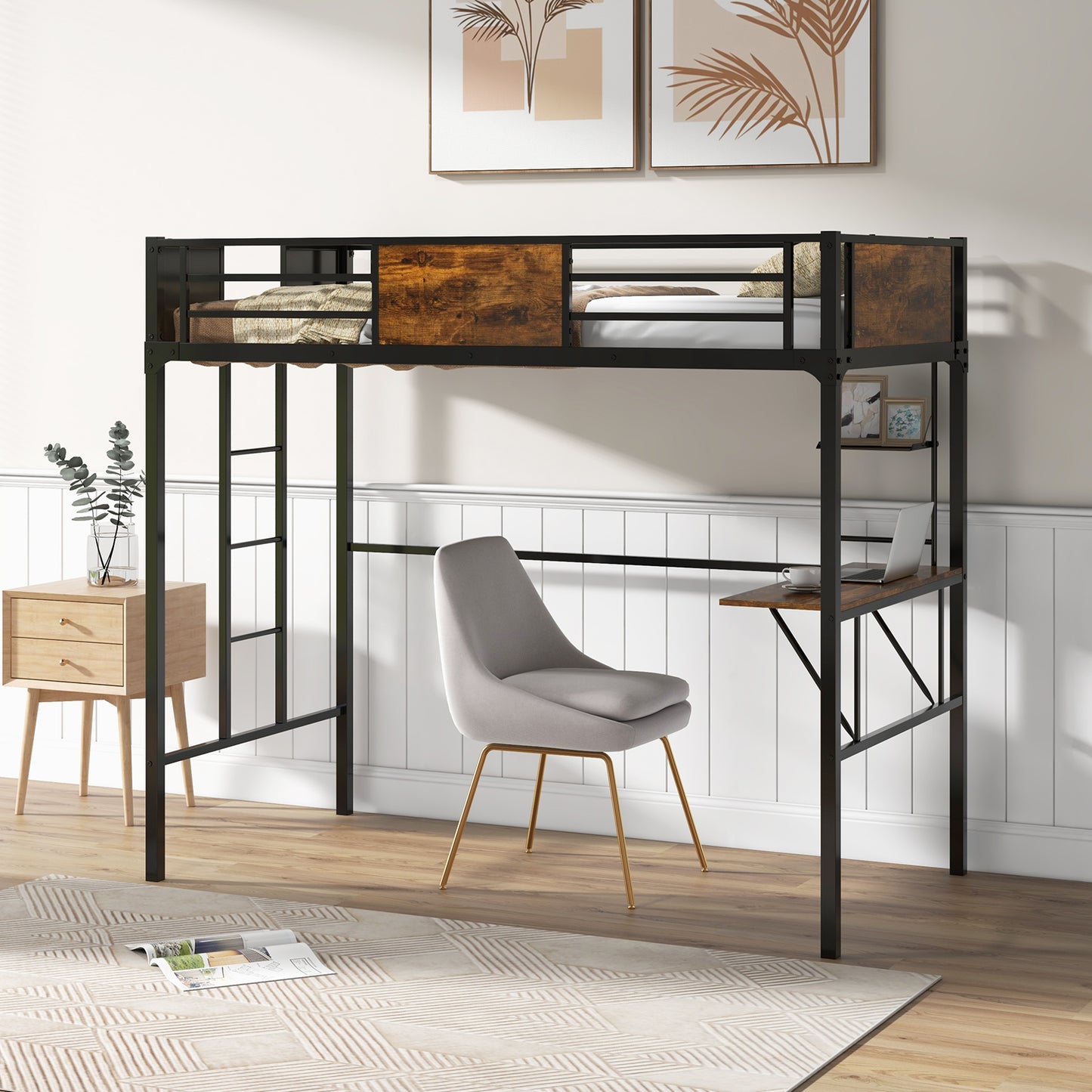 Space-Saving Twin Metal Loft Bed with Desk, Storage Shelf, and Built-In Ladder - Twin Size