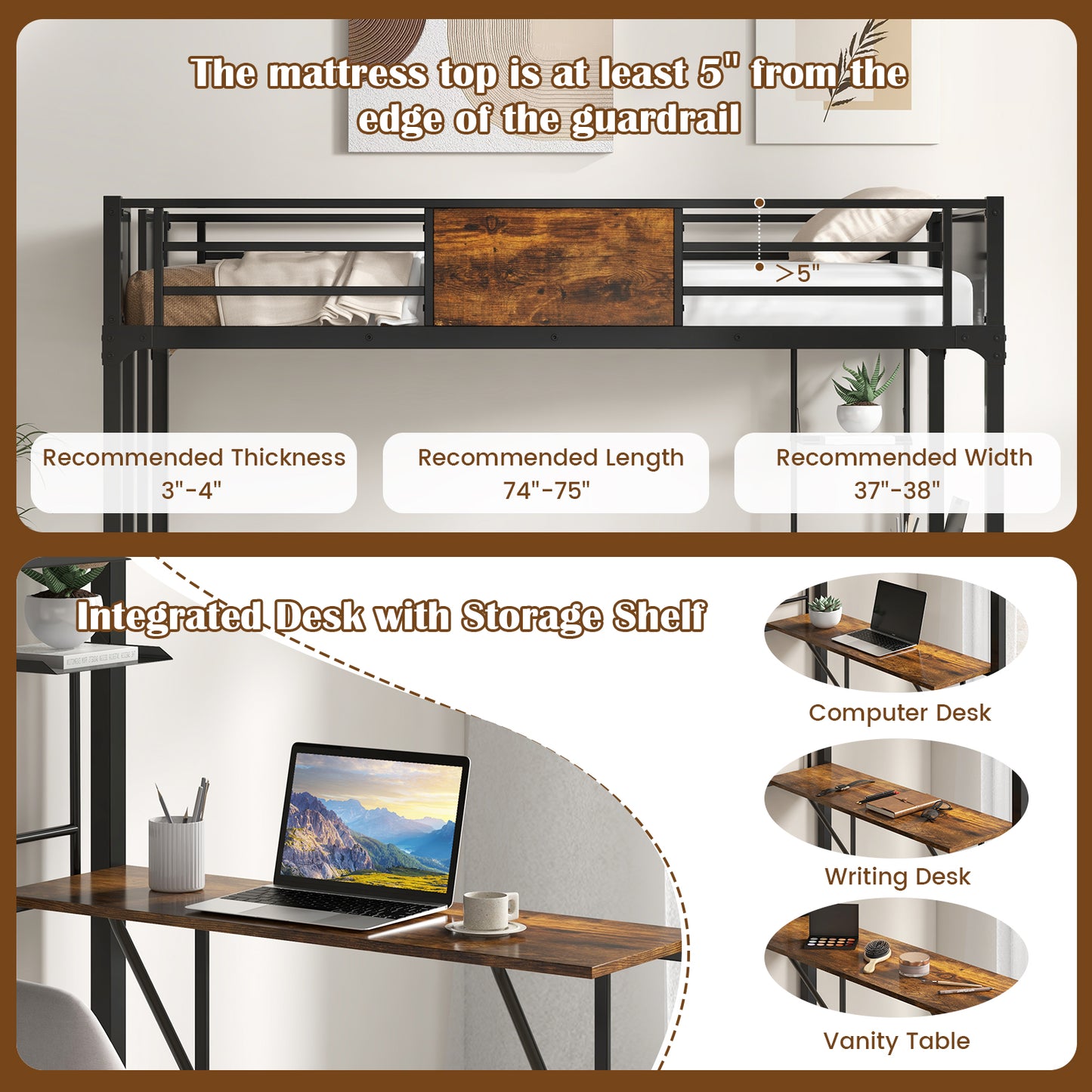 Space-Saving Twin Metal Loft Bed with Desk, Storage Shelf, and Built-In Ladder - Twin Size