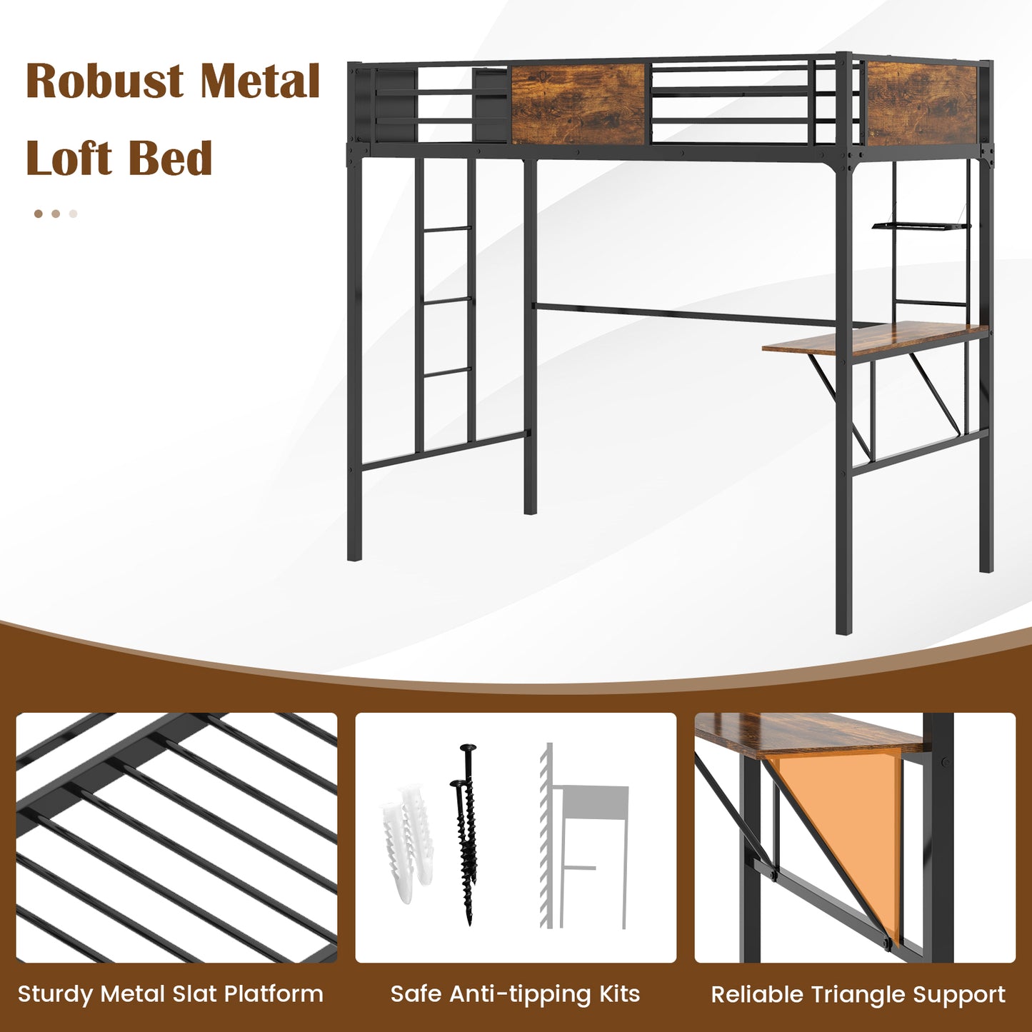 Space-Saving Twin Metal Loft Bed with Desk, Storage Shelf, and Built-In Ladder - Twin Size