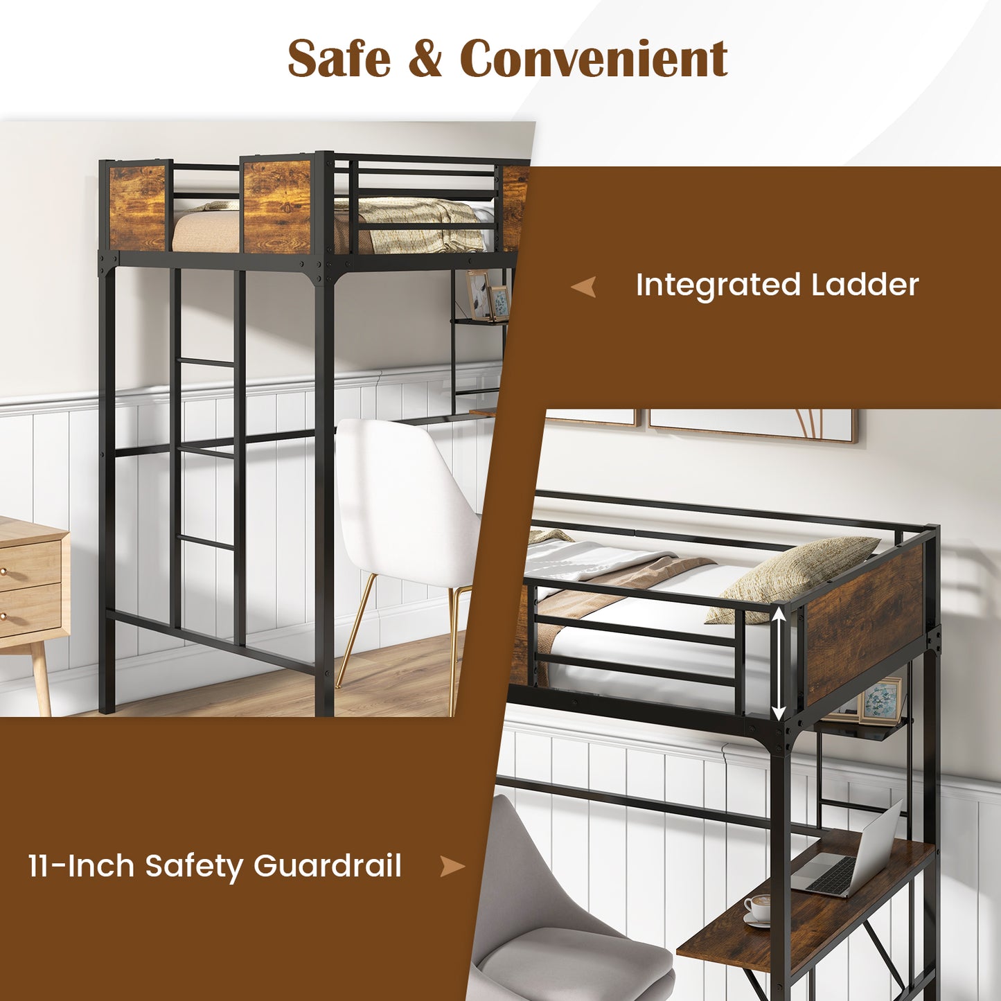 Space-Saving Twin Metal Loft Bed with Desk, Storage Shelf, and Built-In Ladder - Twin Size