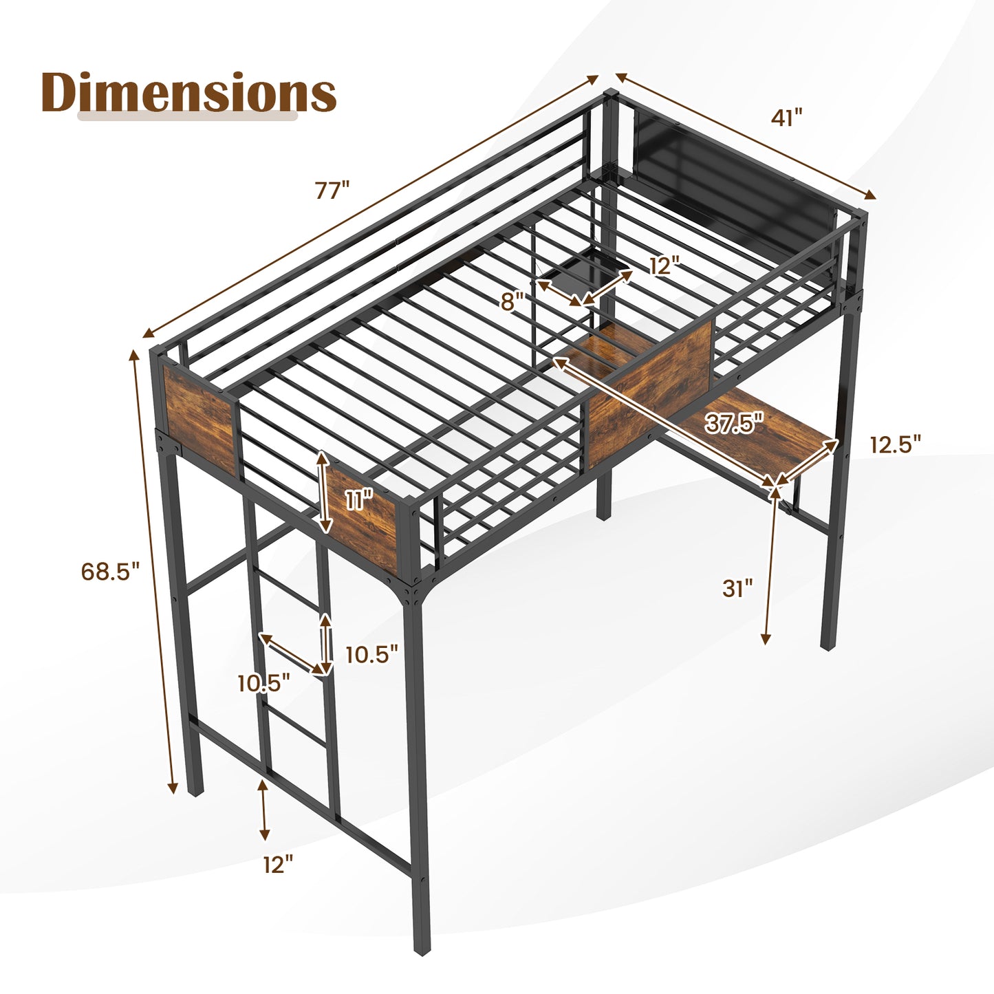 Space-Saving Twin Metal Loft Bed with Desk, Storage Shelf, and Built-In Ladder - Twin Size