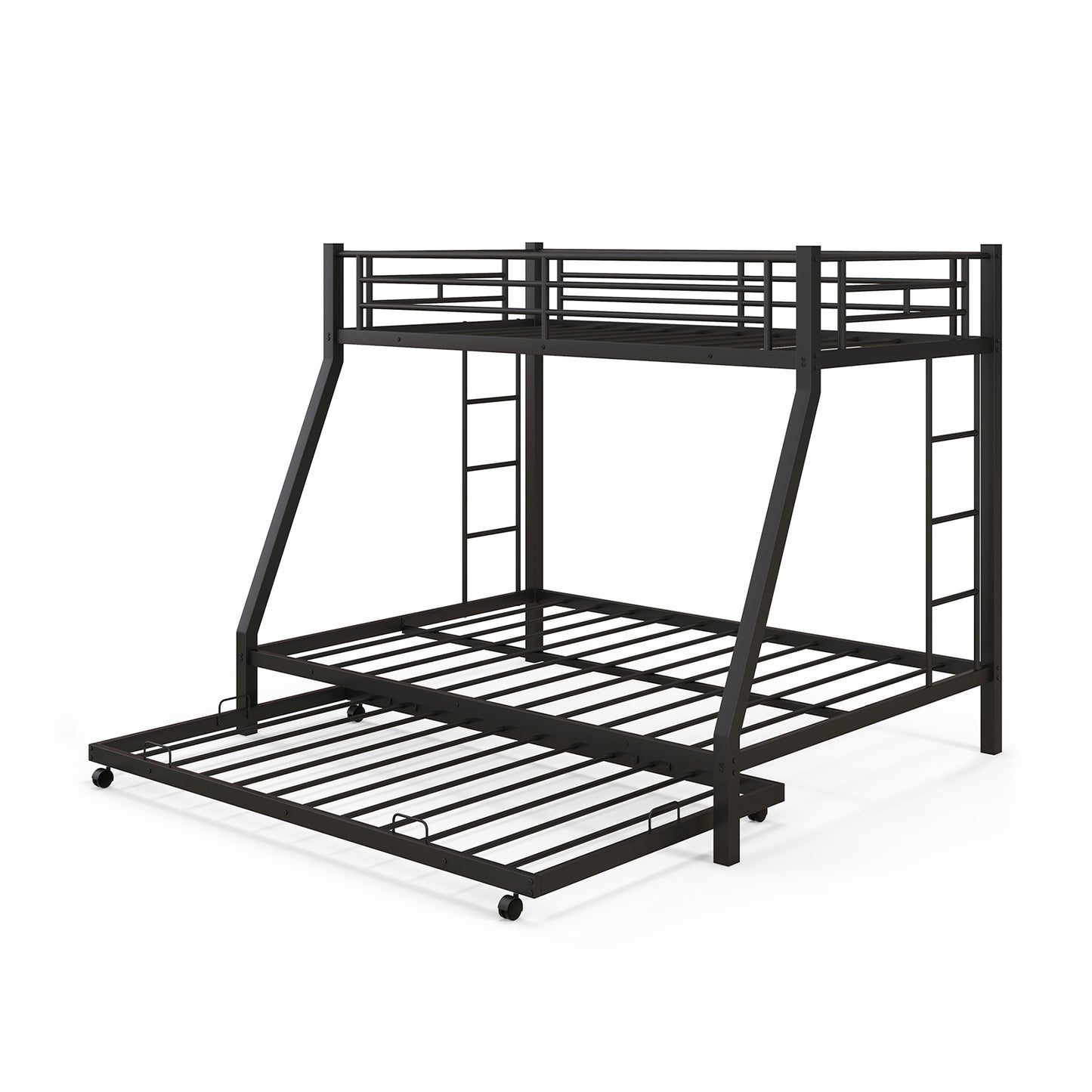 Modern Twin Over Full Bunk Bed with Trundle for Bedrooms and Guest Rooms - Black