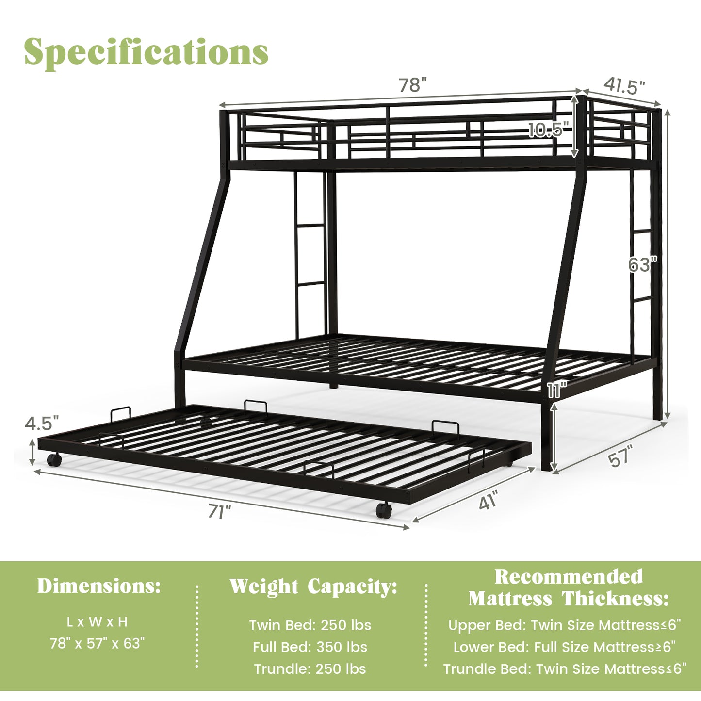 Modern Twin Over Full Bunk Bed with Trundle for Bedrooms and Guest Rooms - Black