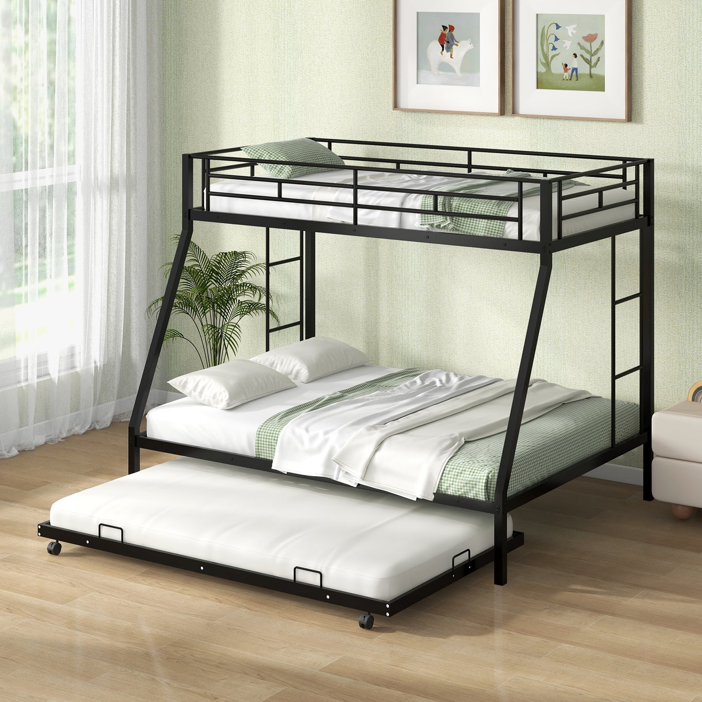 Modern Twin Over Full Bunk Bed with Trundle for Bedrooms and Guest Rooms - Black
