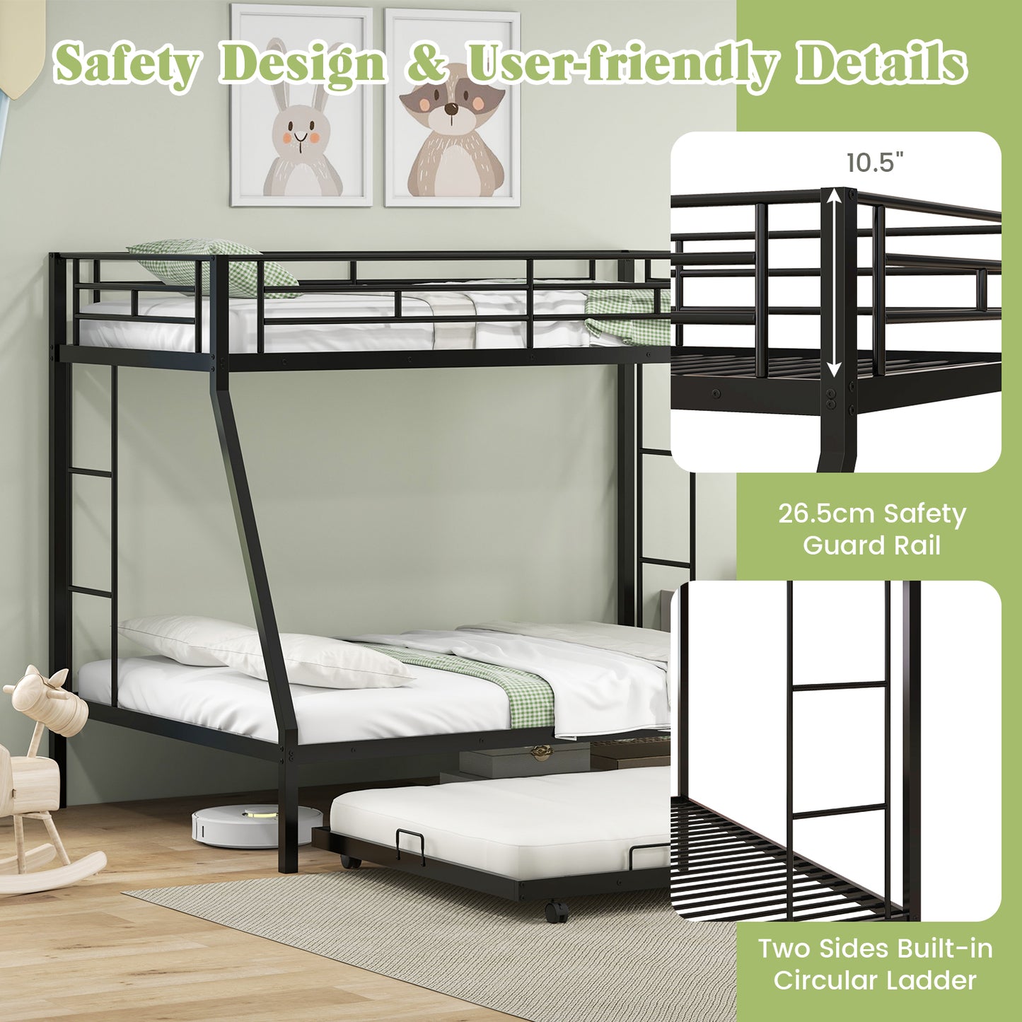Modern Twin Over Full Bunk Bed with Trundle for Bedrooms and Guest Rooms - Black