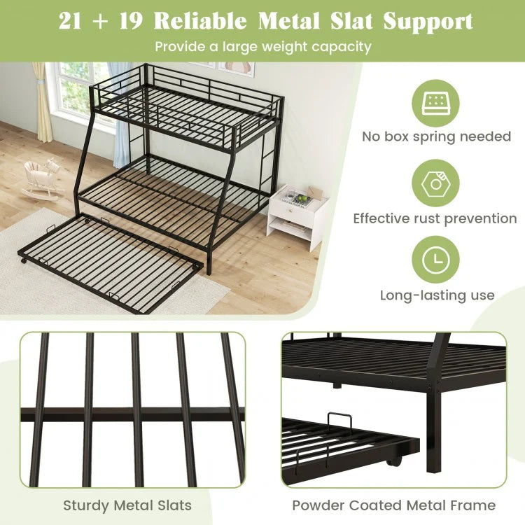 Modern Twin Over Full Bunk Bed with Trundle for Bedrooms and Guest Rooms - Black