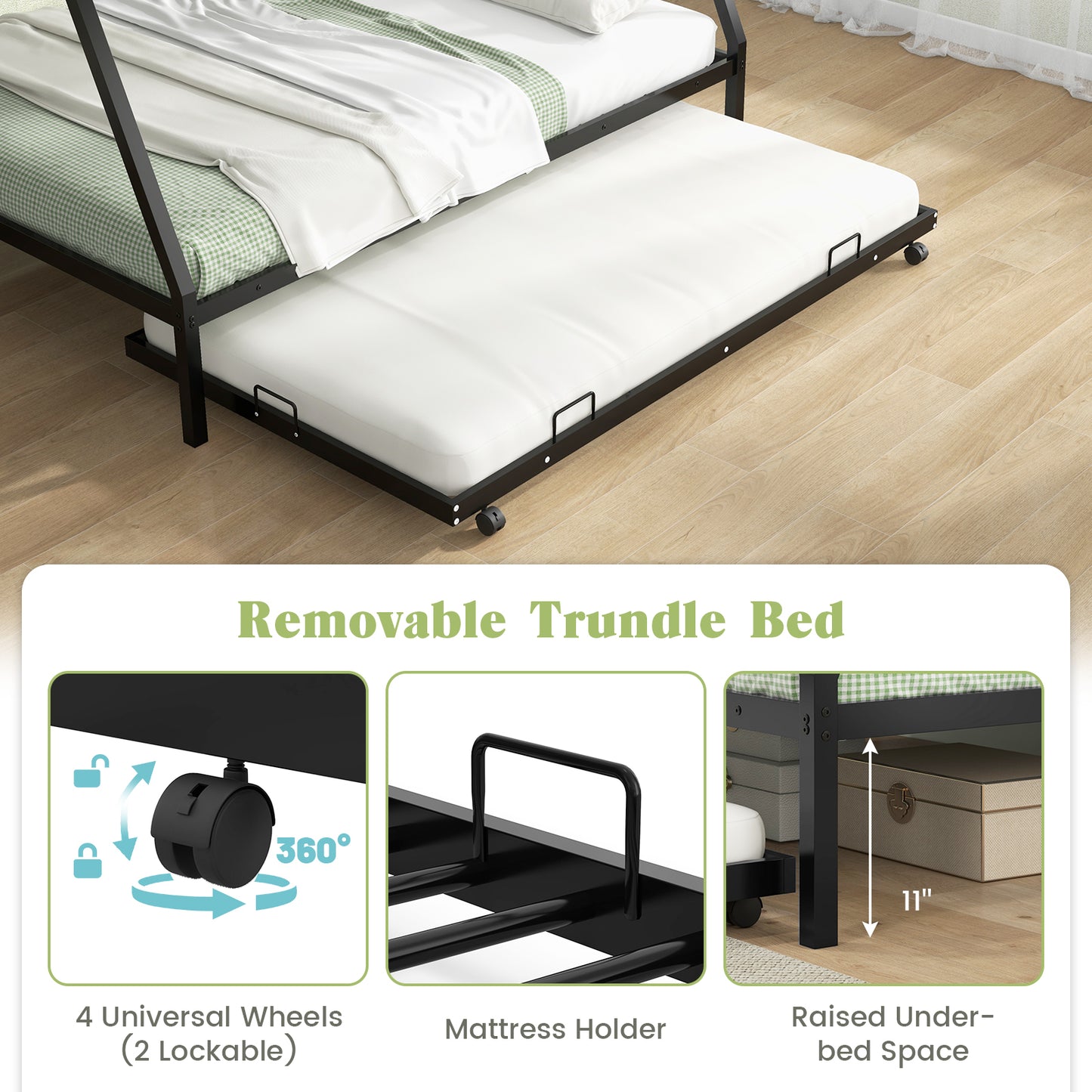 Modern Twin Over Full Bunk Bed with Trundle for Bedrooms and Guest Rooms - Black