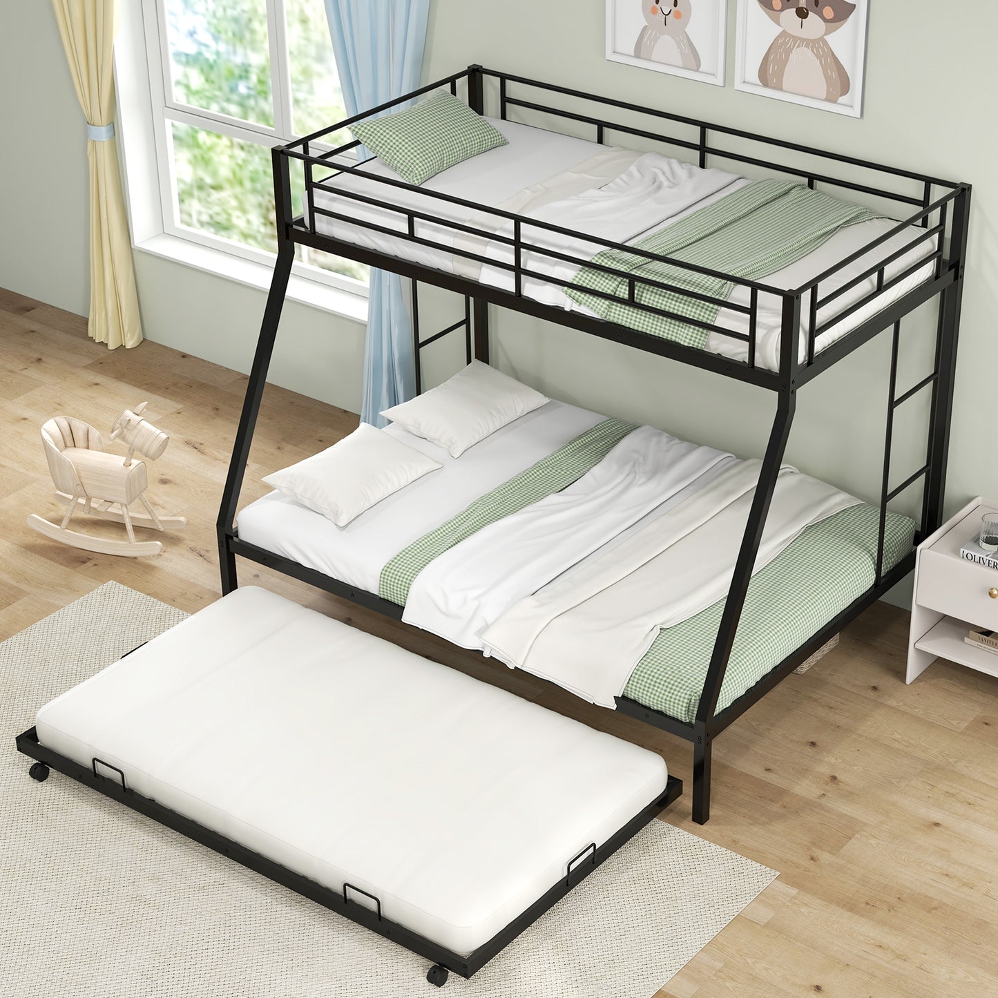 Modern Twin Over Full Bunk Bed with Trundle for Bedrooms and Guest Rooms - Black