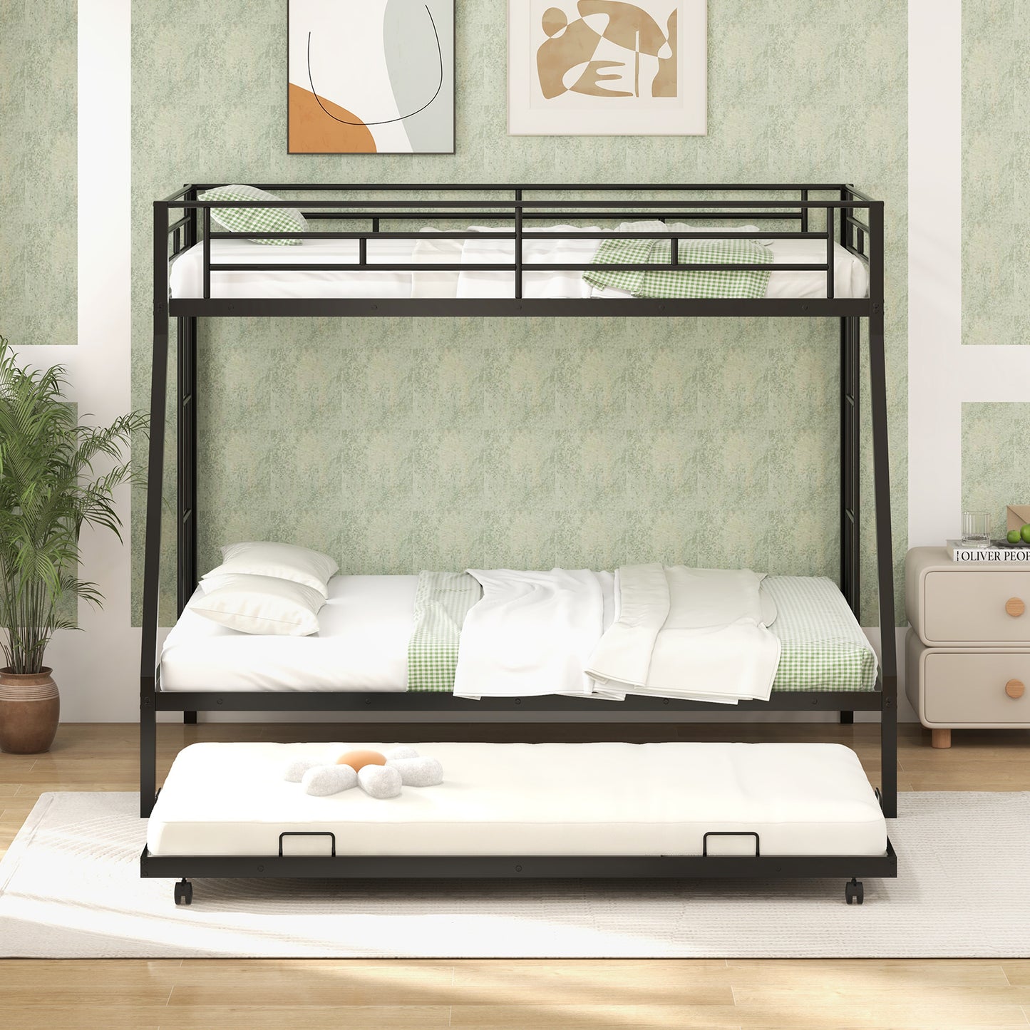 Modern Twin Over Full Bunk Bed with Trundle for Bedrooms and Guest Rooms - Black