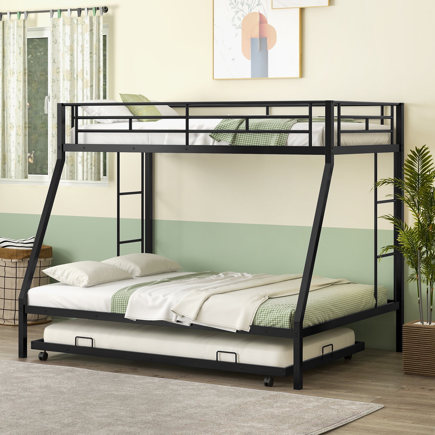 Modern Twin Over Full Bunk Bed with Trundle for Bedrooms and Guest Rooms - Black