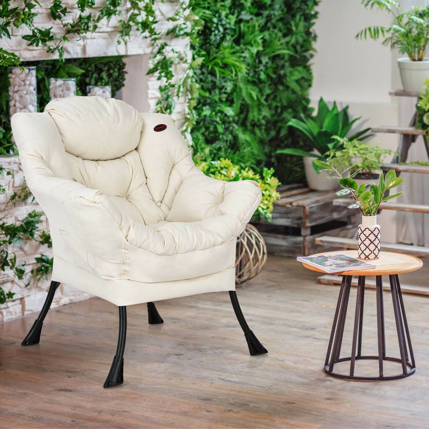 Cozy Accent Lazy Chair with Steel Frame and Armrest Pocket, Beige