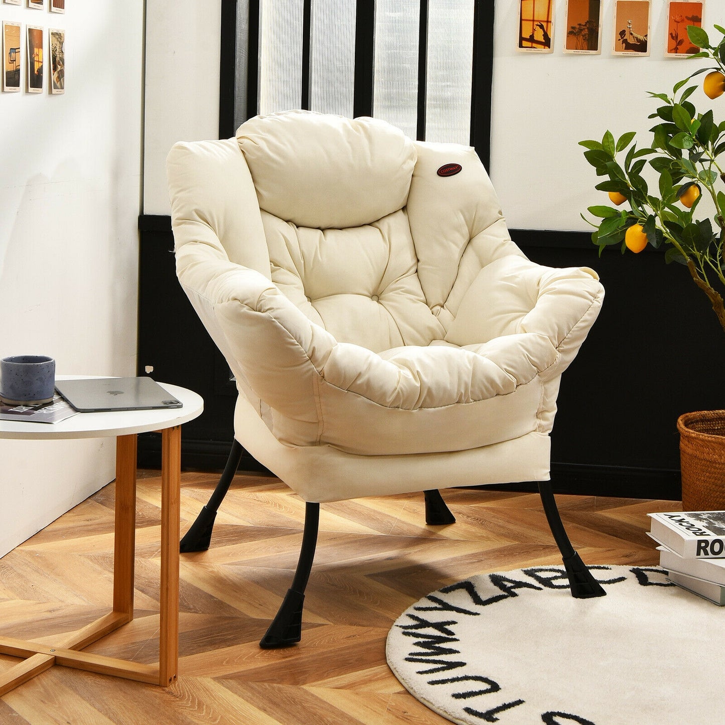 Cozy Accent Lazy Chair with Steel Frame and Armrest Pocket, Beige