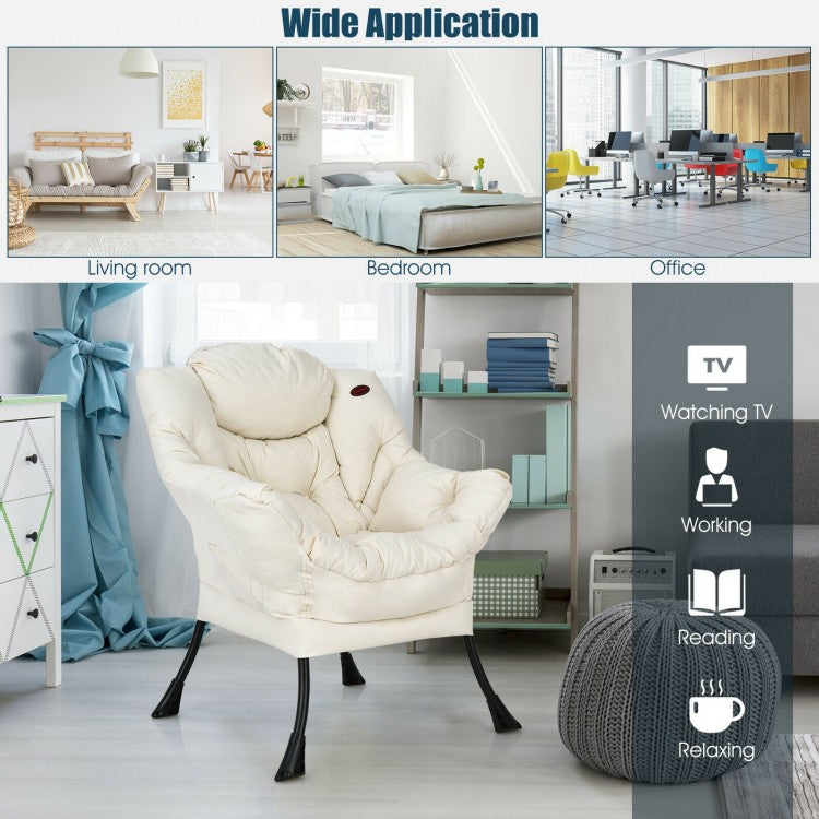 Cozy Accent Lazy Chair with Steel Frame and Armrest Pocket, Beige