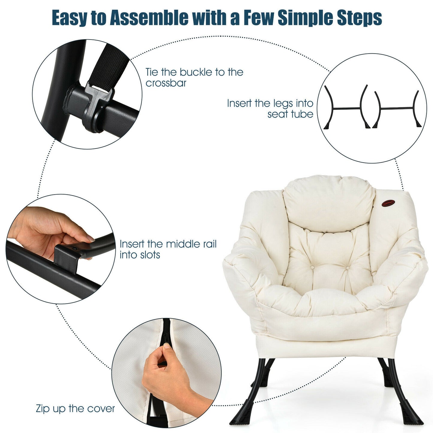 Cozy Accent Lazy Chair with Steel Frame and Armrest Pocket, Beige