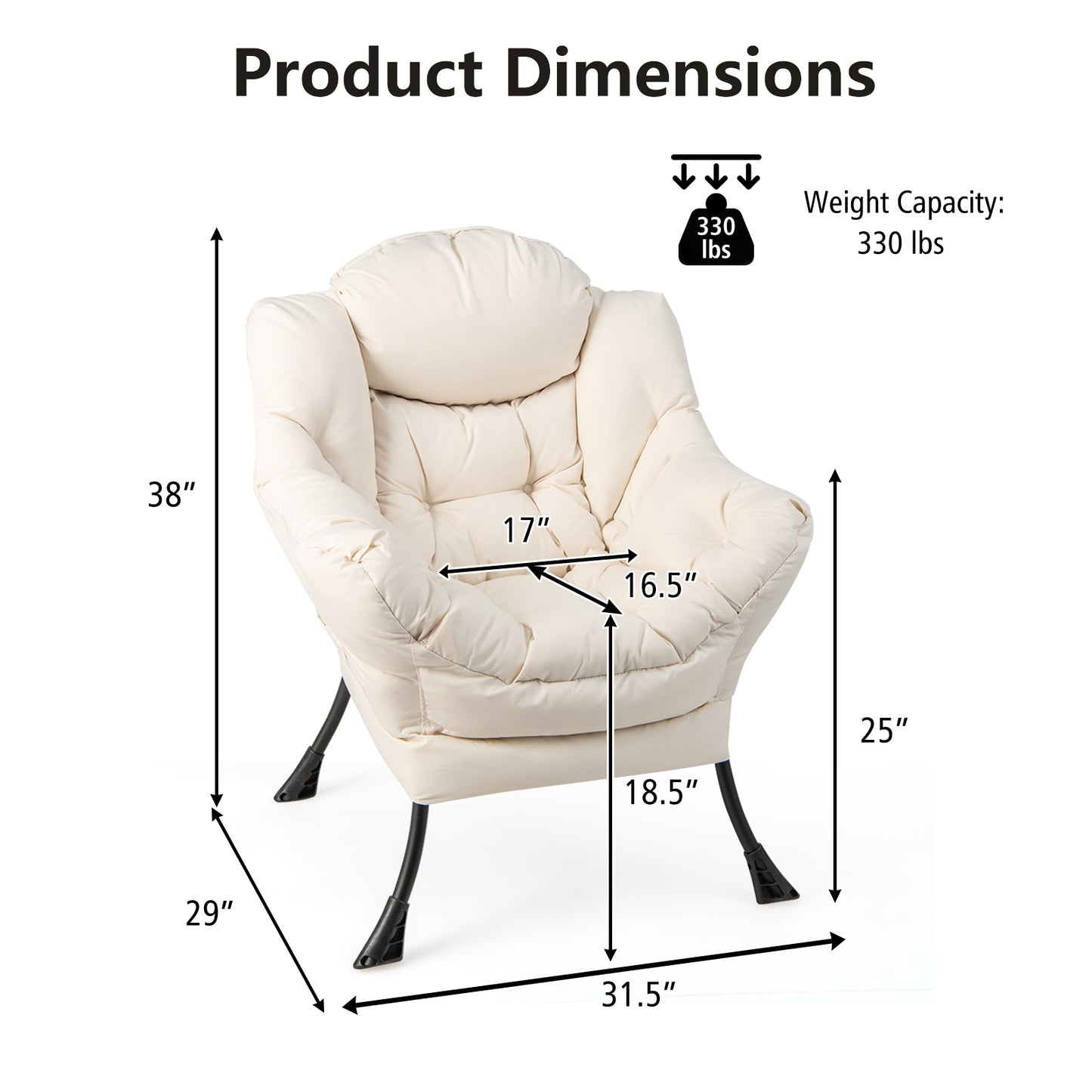 Cozy Accent Lazy Chair with Steel Frame and Armrest Pocket, Beige