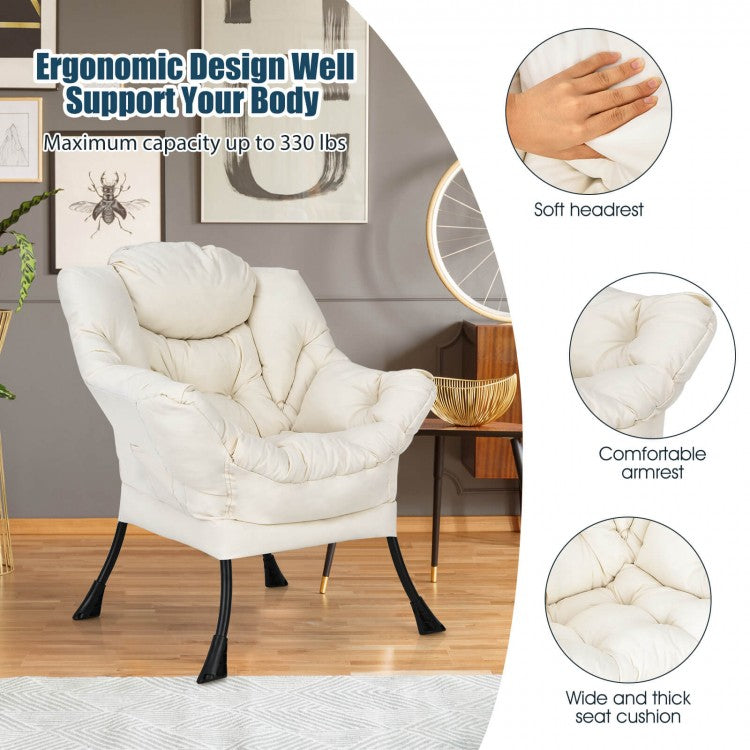 Cozy Accent Lazy Chair with Steel Frame and Armrest Pocket, Beige