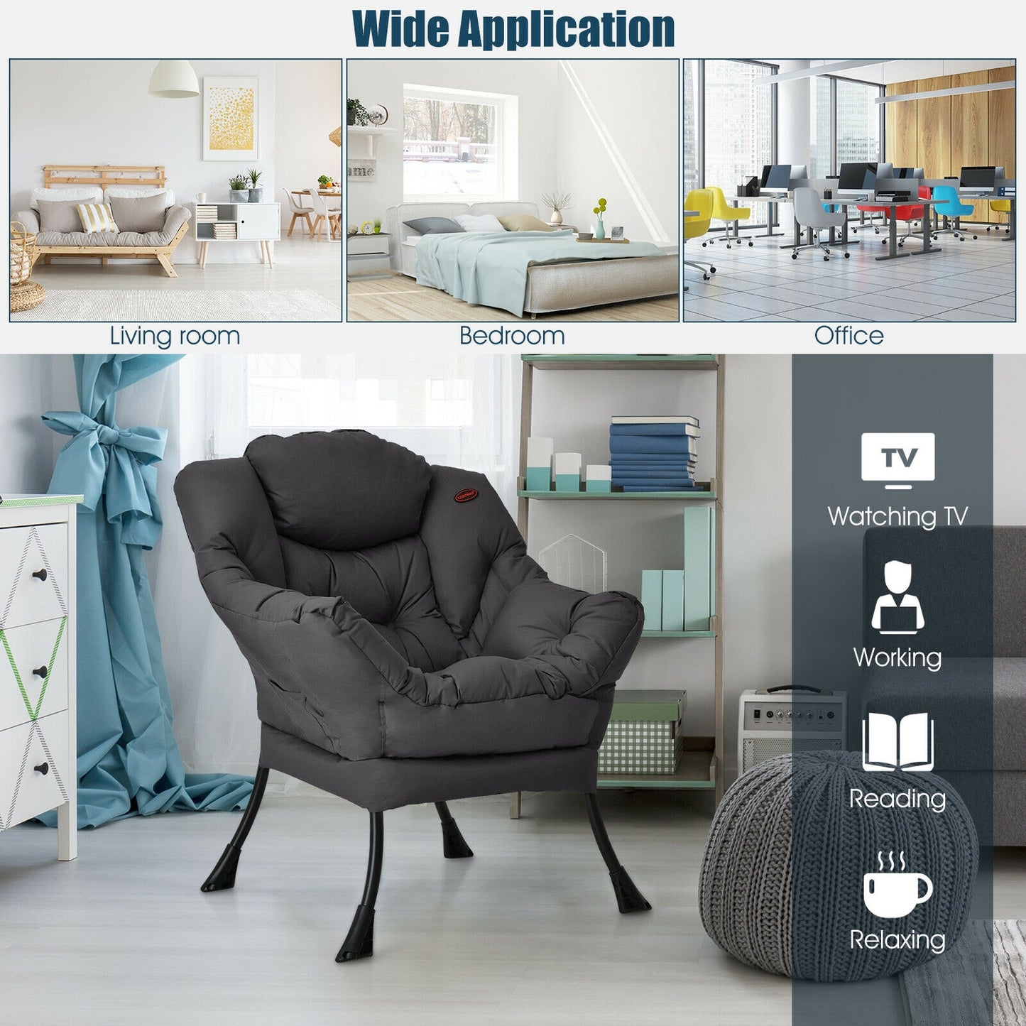 Cozy Accent Lazy Chair with Steel Frame and Armrest Pocket, Grey