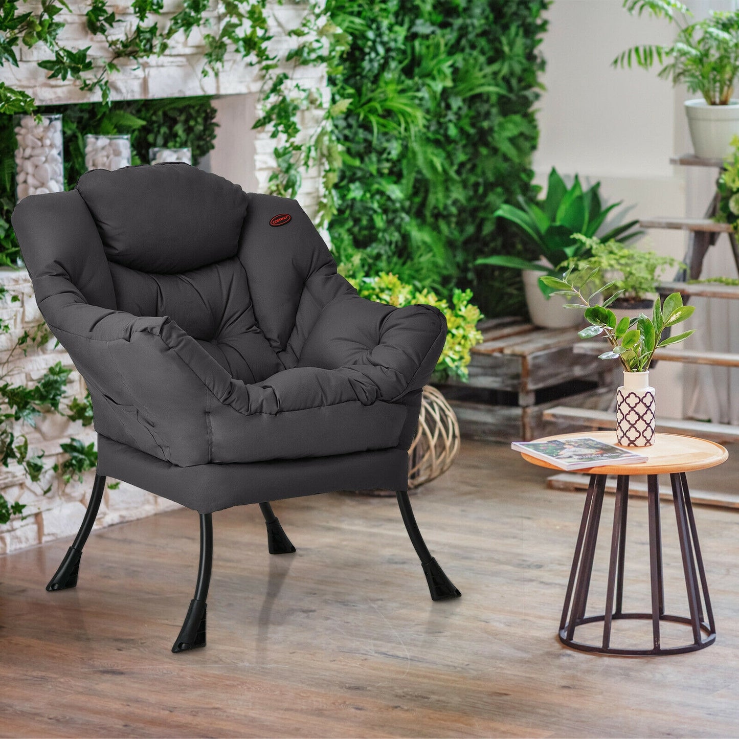 Cozy Accent Lazy Chair with Steel Frame and Armrest Pocket, Grey