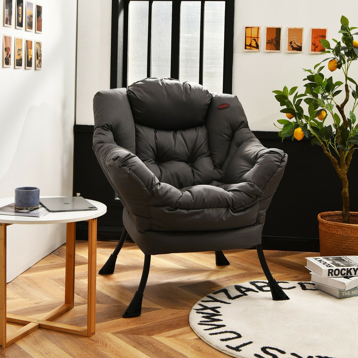 Cozy Accent Lazy Chair with Steel Frame and Armrest Pocket, Grey